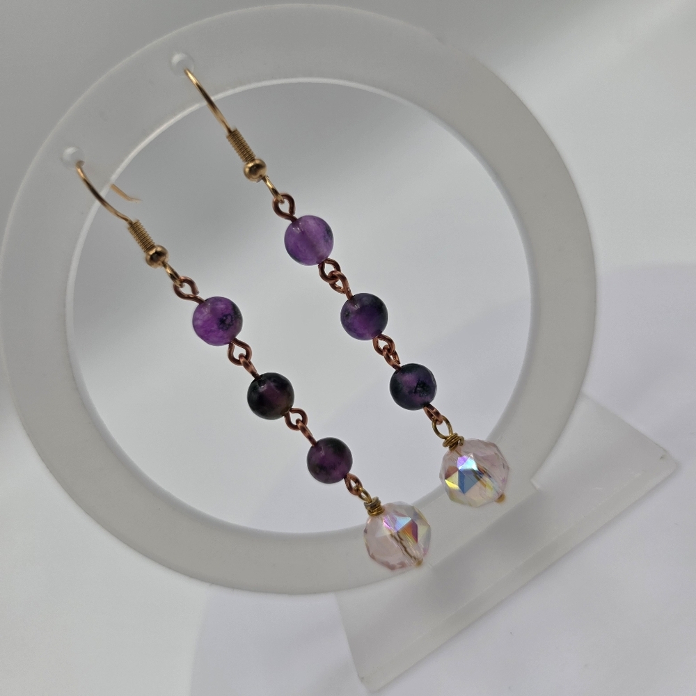 Purple Fluorite Beaded Dangle Earrings – Handmade Crystal Drop Jewelry - Picture 4 of 5
